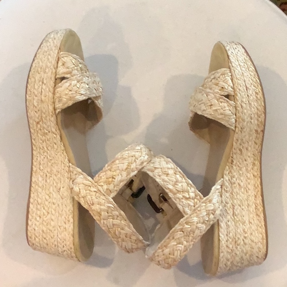 Stuart Weitzman Oncross Wedge Espadrille Platform Camel Alex Hoopla Sandal Sz 9 - Picture 7 of 9